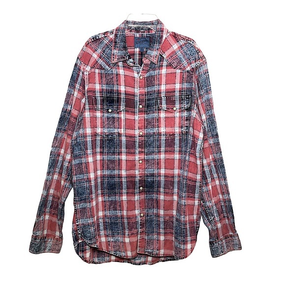Lucky Brand Washed & Worn Cotton Red White Blue Pearl Snap Plaid Shirt L - Picture 3 of 15